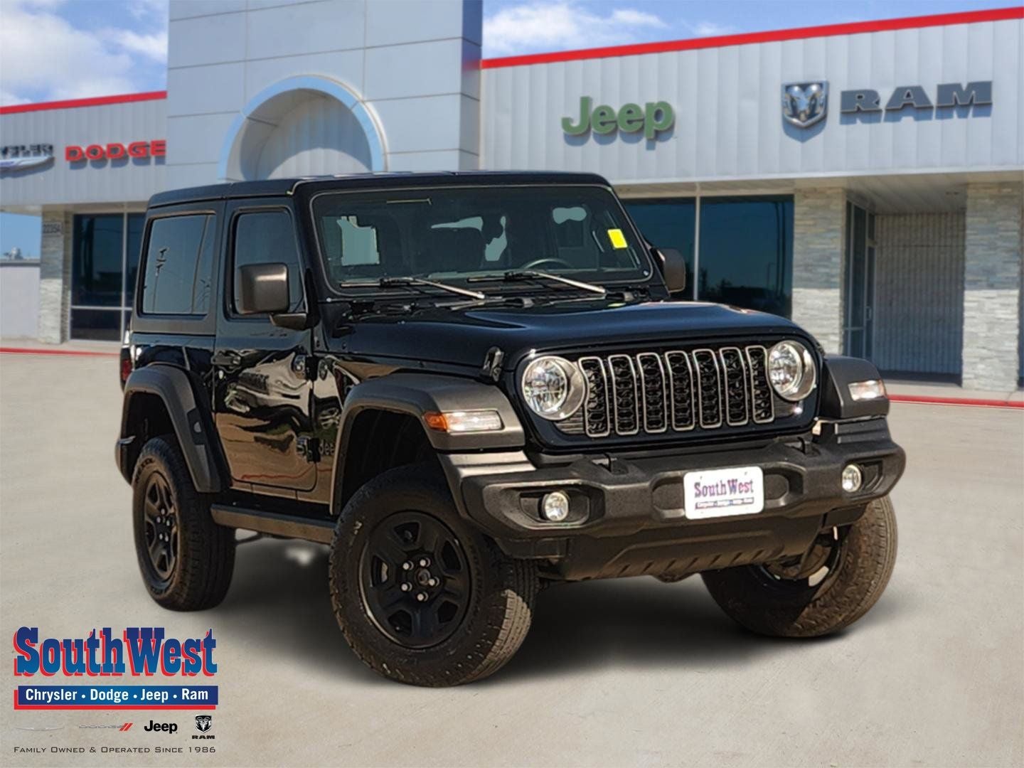 2025 Jeep Wrangler 2-Door Sport 4x4 in Black Clearcoat — front three-quarter view