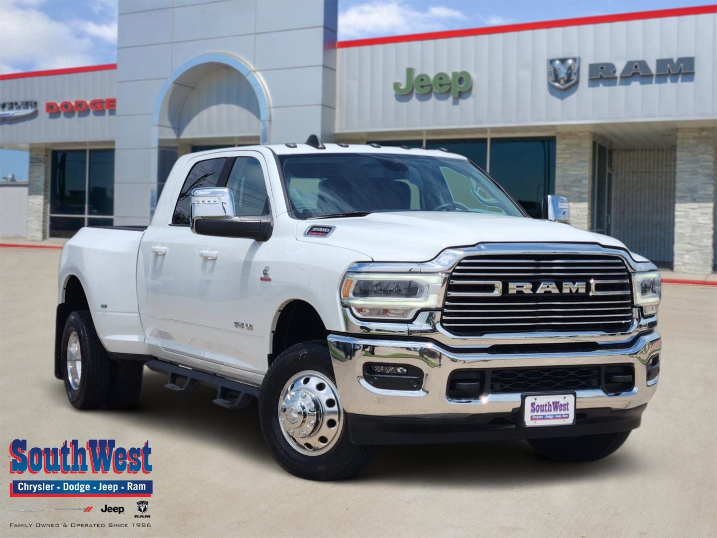 2024 RAM Ram 3500 Laramie Mega Cab 4x4 6'4' Box in Bright White Clearcoat — front three-quarter view