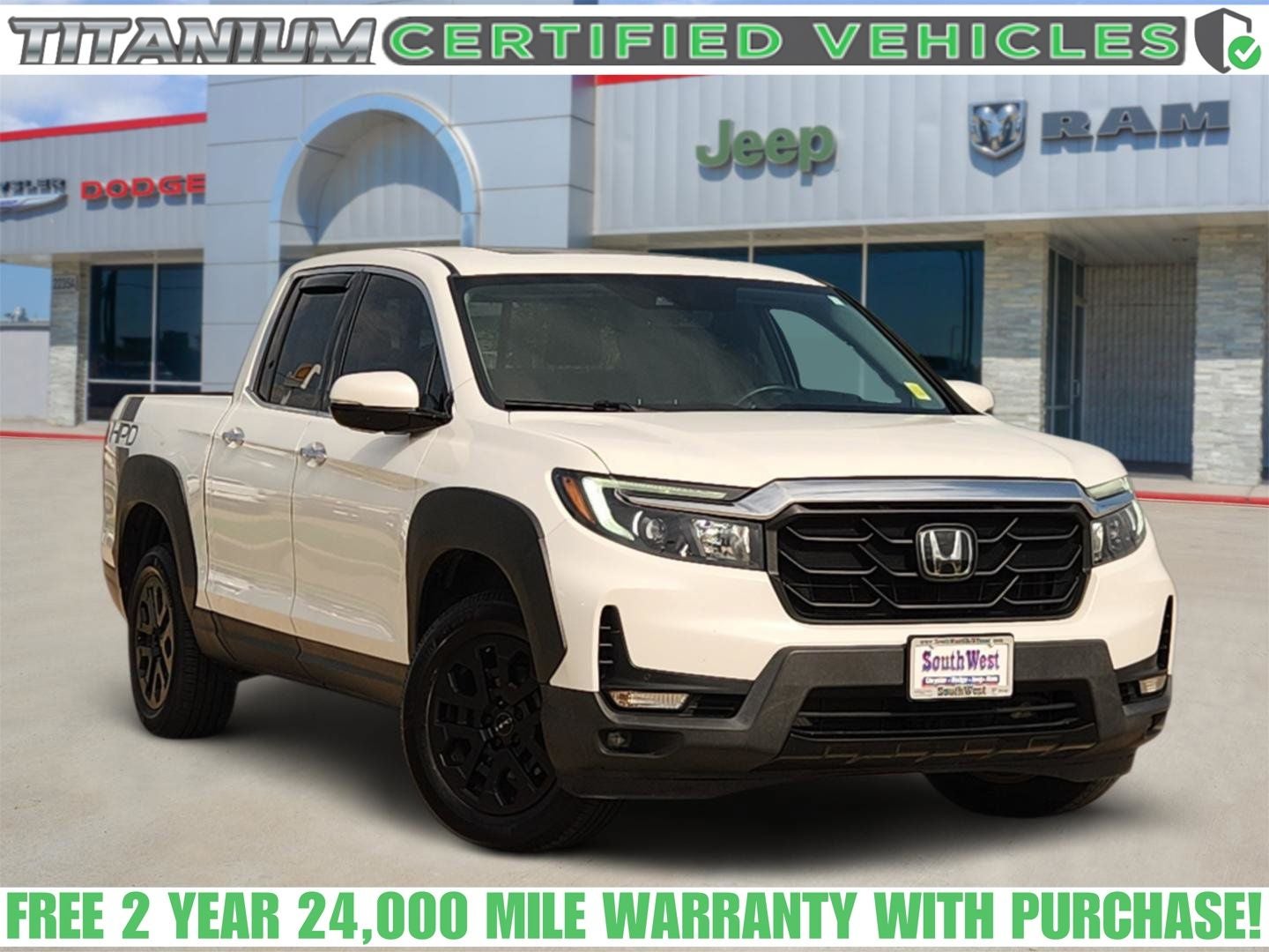 2022 Honda Ridgeline RTL-E in Platinum White Pearl — front three-quarter view
