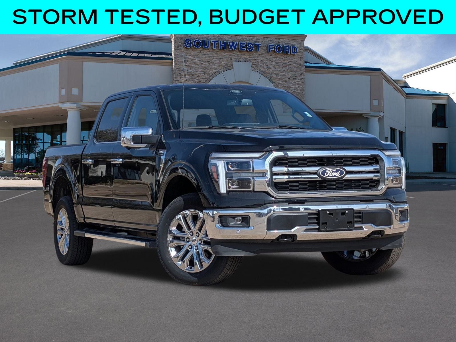 2025 Ford F-150 Lariat in Agate Black Metallic — front three-quarter view