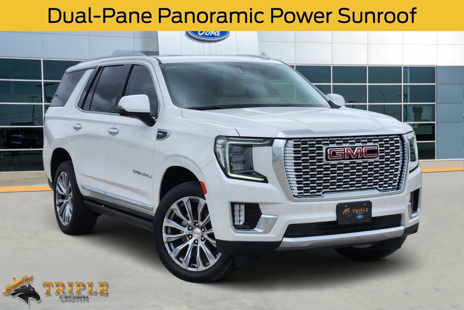 2021 GMC Yukon Denali in White Frost Tricoat — front three-quarter view